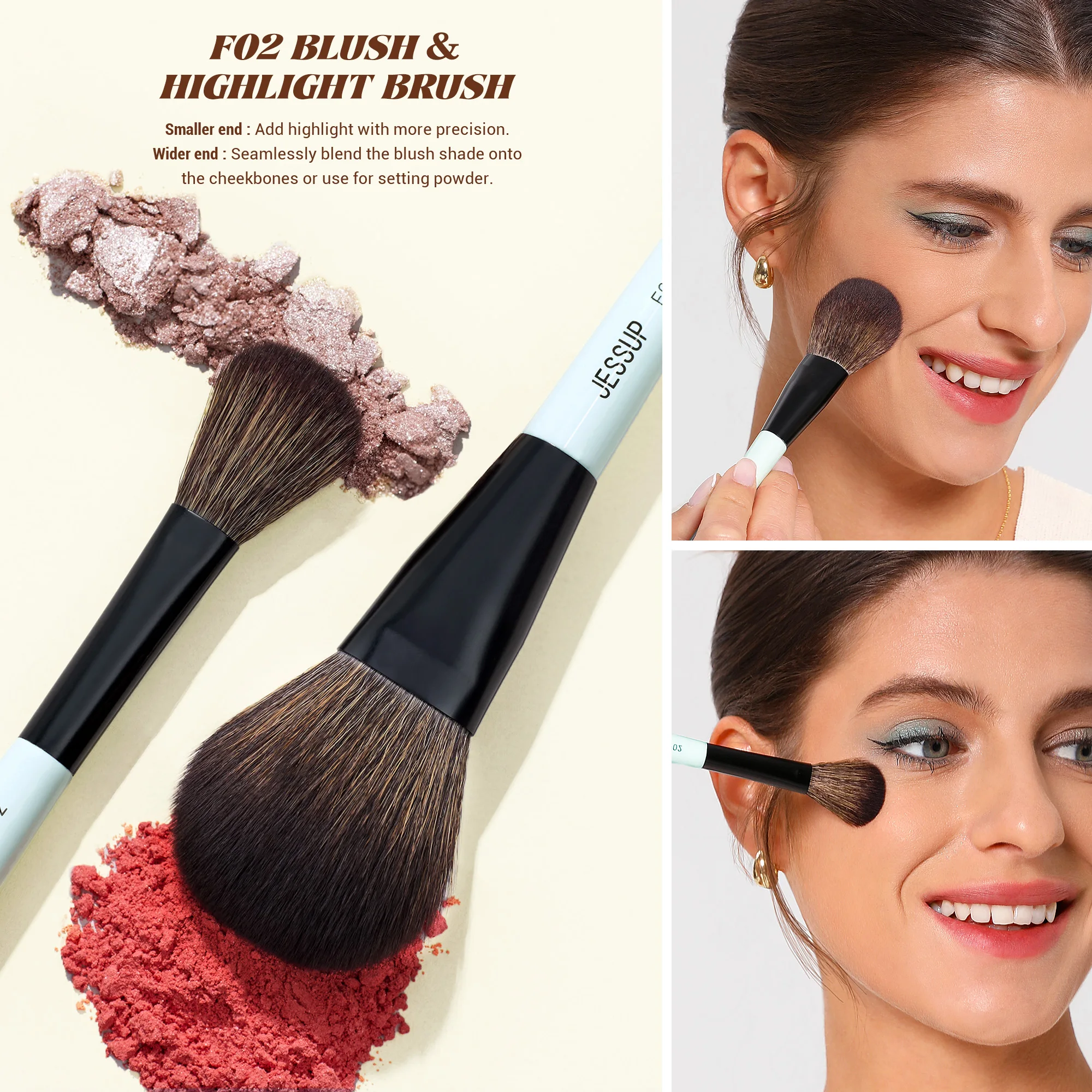 Jessup Double-Ended Makeup Brushes 6pcs, Vegan Fiber, Daily Use, Bright Cyan - Image 4