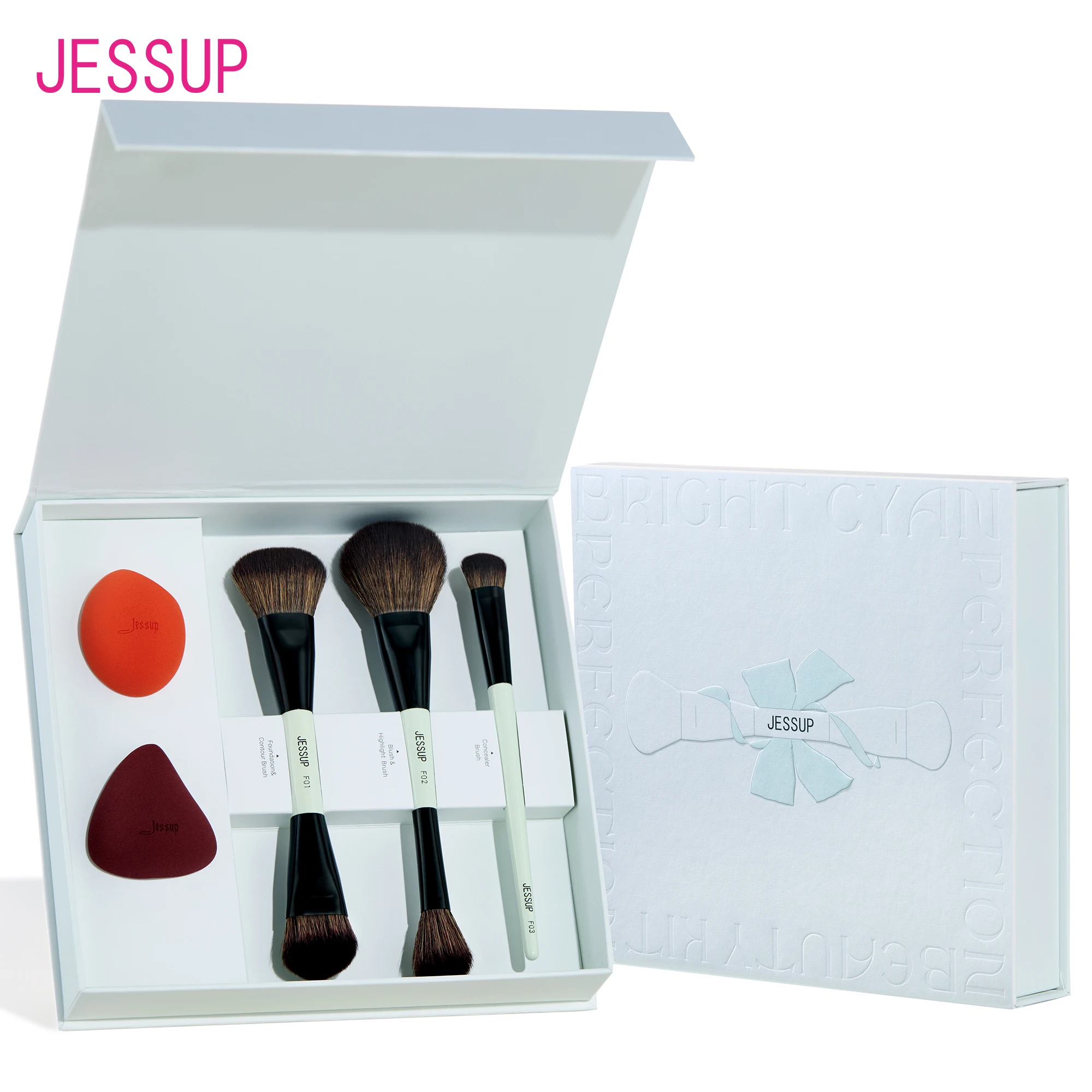 Jessup Double-Ended Makeup Brushes 6pcs, Vegan Fiber, Daily Use, Bright Cyan