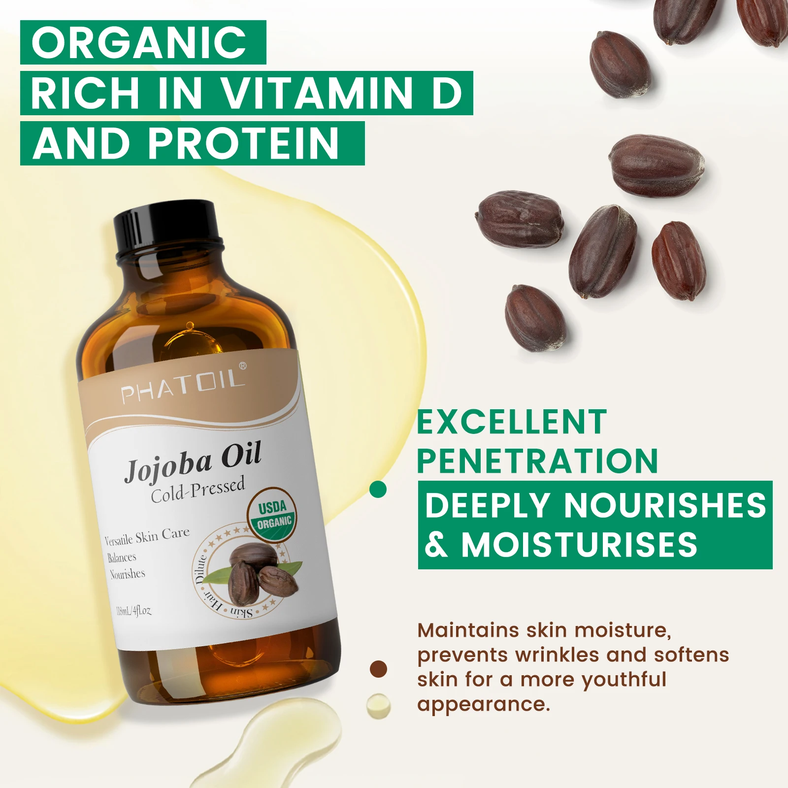 PHATOIL 118ml Organic Jojoba Oil Cold Pressed Pure Natural Rosehip Seed Carrier Oil Moisturizing for Face, Hair, Skin & Nails - Image 3