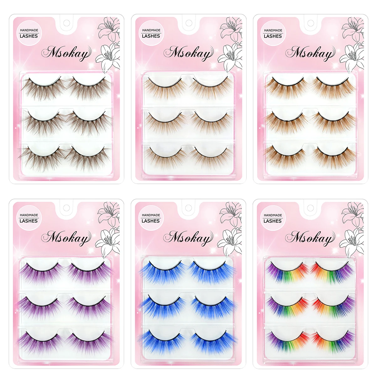 3 Pairs Rainbow Colored Eyelashes Brown Cosplay False Eyelashes Blonde Makeup Eye Lashes Colorful Blue Halloween Vegan Cilias