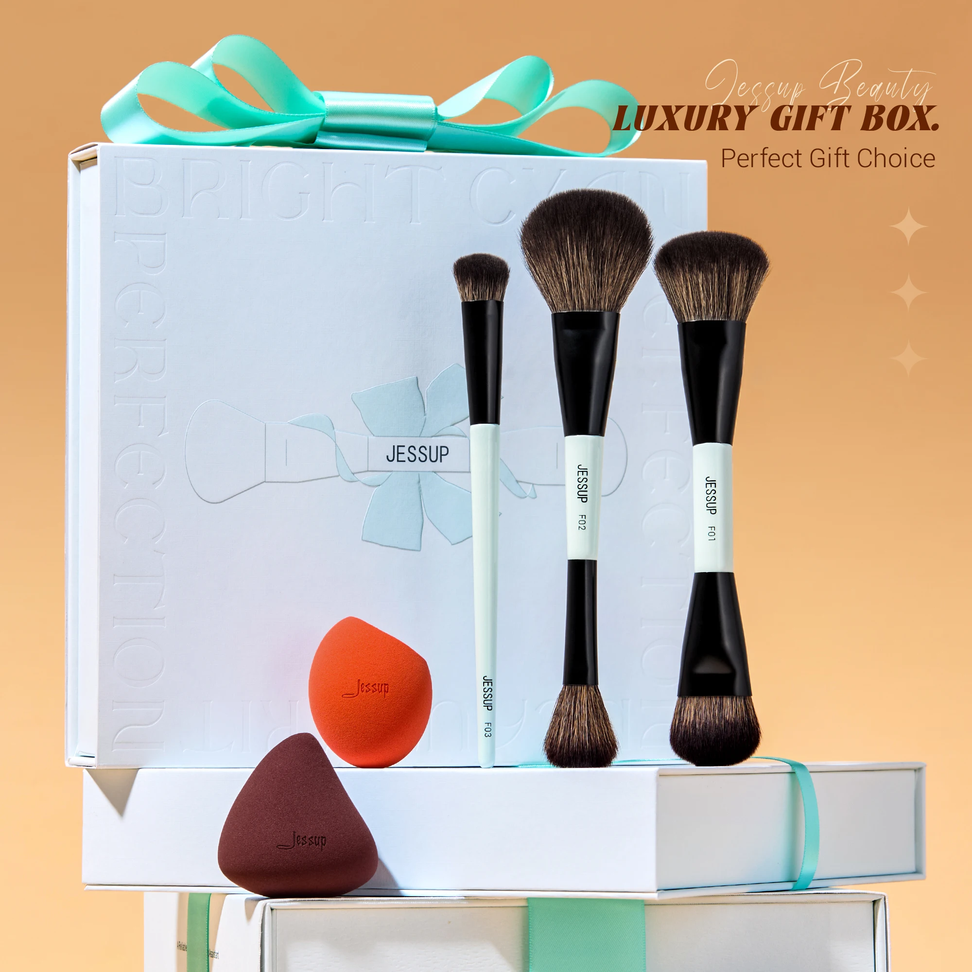 Jessup Double-Ended Makeup Brushes 6pcs, Vegan Fiber, Daily Use, Bright Cyan - Image 2