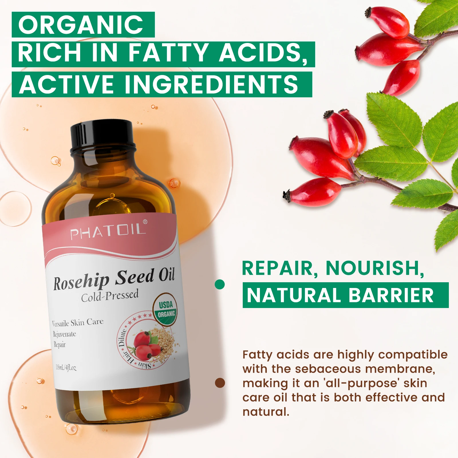 PHATOIL 118ml Organic Jojoba Oil Cold Pressed Pure Natural Rosehip Seed Carrier Oil Moisturizing for Face, Hair, Skin & Nails - Image 5