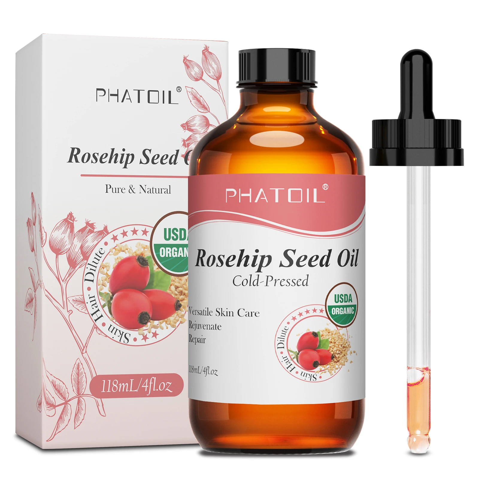 PHATOIL 118ml Organic Jojoba Oil Cold Pressed Pure Natural Rosehip Seed Carrier Oil Moisturizing for Face, Hair, Skin & Nails - Image 2