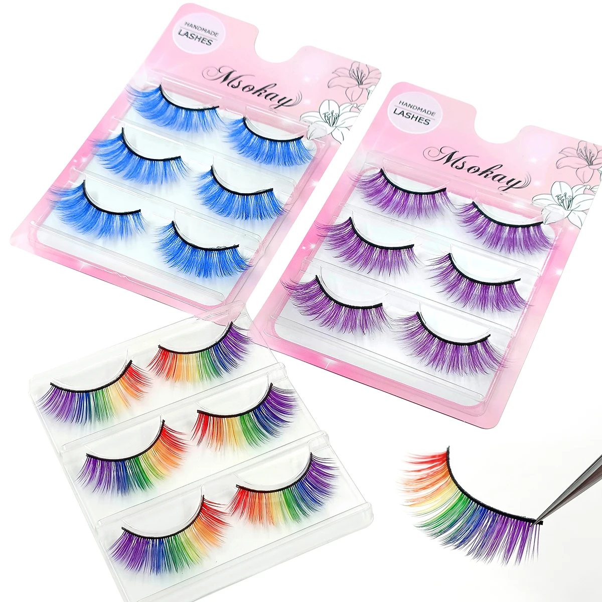 3 Pairs Rainbow Colored Eyelashes Brown Cosplay False Eyelashes Blonde Makeup Eye Lashes Colorful Blue Halloween Vegan Cilias - Image 4