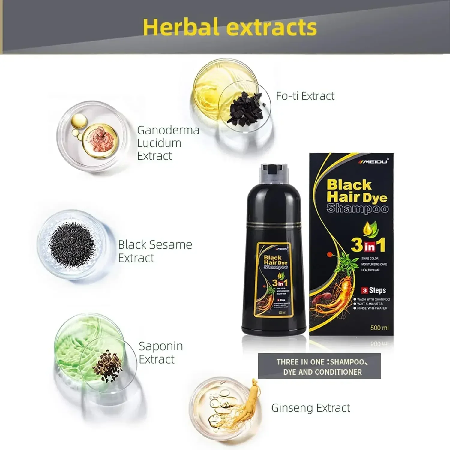100ml/500ml Hair Dye Shampoo 3in1 Darkening Hairs Instant Gray To Black Polygonum Multiflorum Natural Coloing Cover Men Women - Image 3