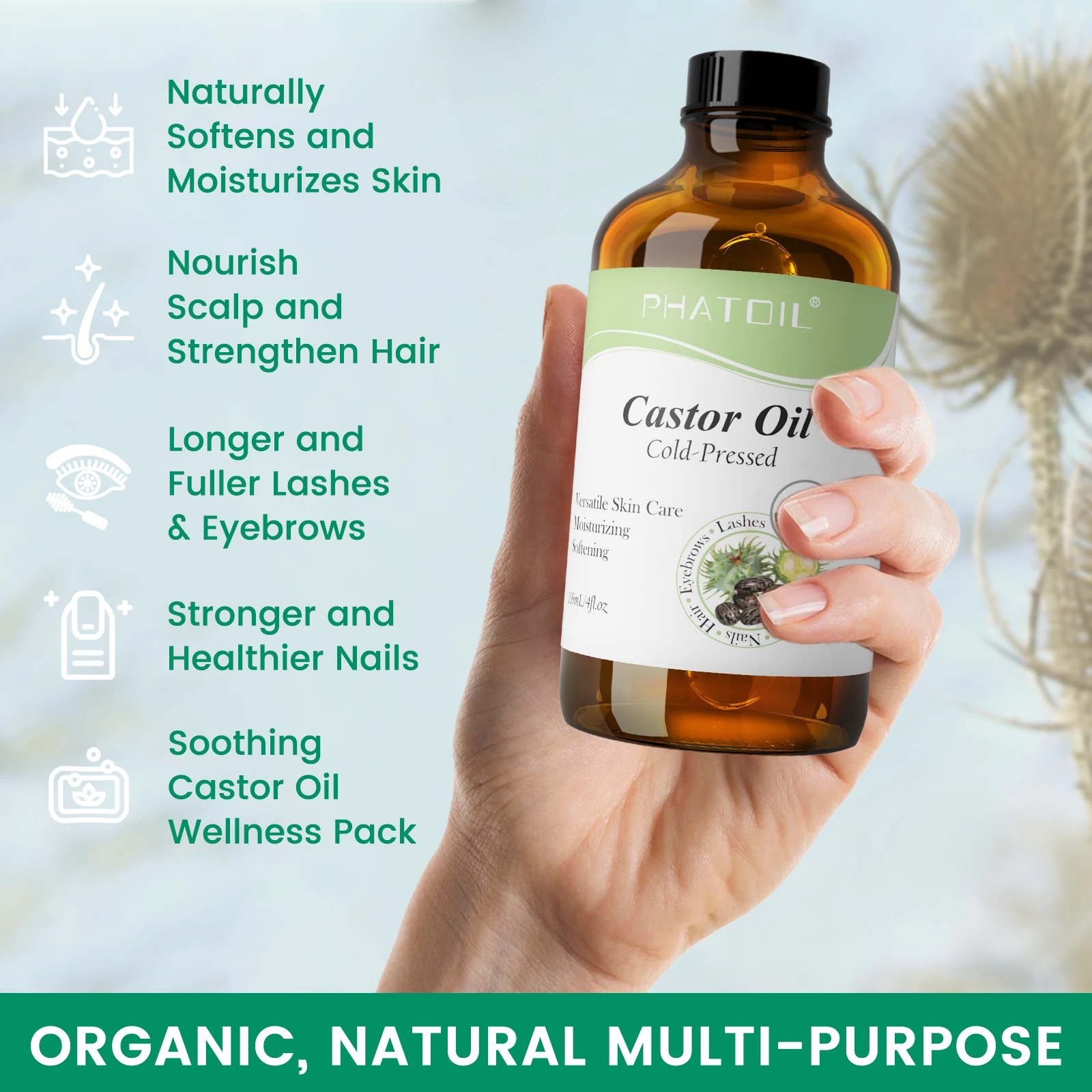 PHATOIL 118ml Organic Face Oil Natural Cold Pressed USDA Carrier Oils- Castor Oil,Jojoba,Moroccan Argan Oil,Rosehip Seed Oil - Image 5