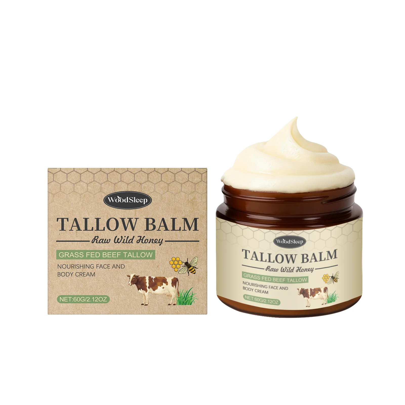 Woodsleep Organic Grass-Fed Beef Tallow Balm with Raw Honey Deep Hydration Face Body Care Smooth Soft Beef Tallow Honey Balm 60g - Image 2