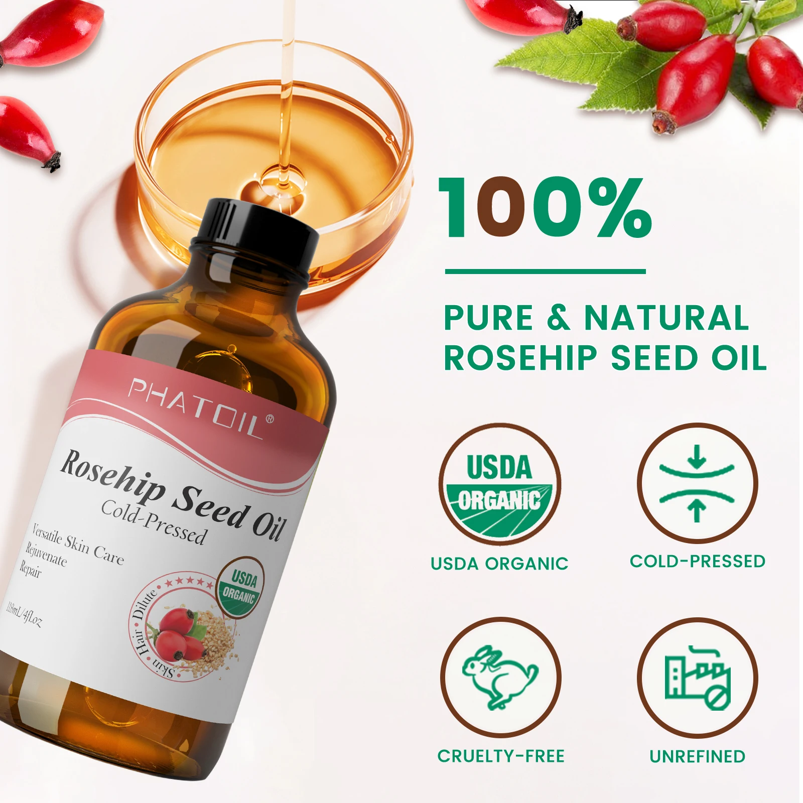 PHATOIL 118ml Organic Face Oil Natural Cold Pressed USDA Carrier Oils- Castor Oil,Jojoba,Moroccan Argan Oil,Rosehip Seed Oil - Image 3
