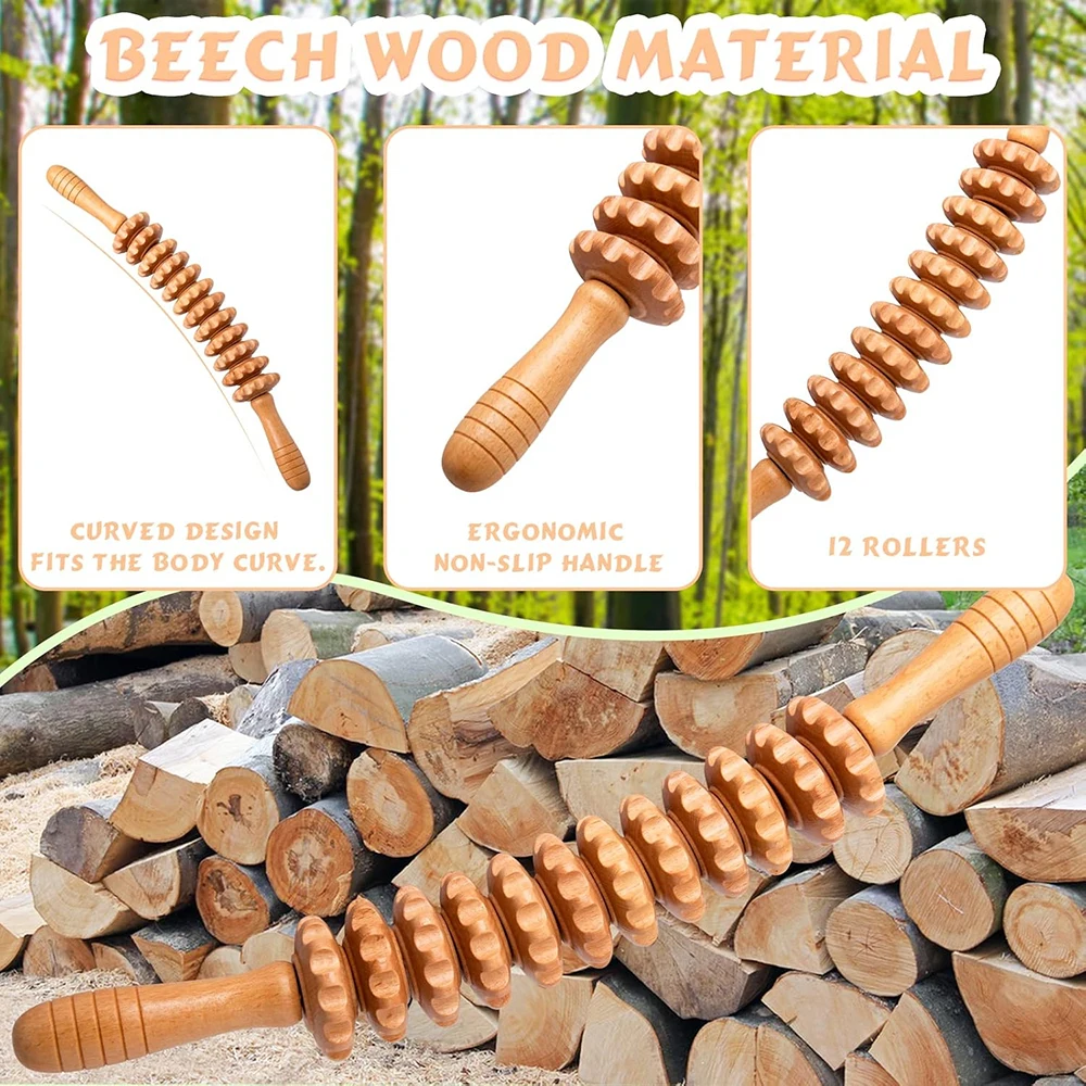 Wooden Roller Massage Stick Handheld Gear Tool 12 Wheel Rolling Tool Bendable Roller Trigger Point Made Of Pure Natural Wood - Image 2