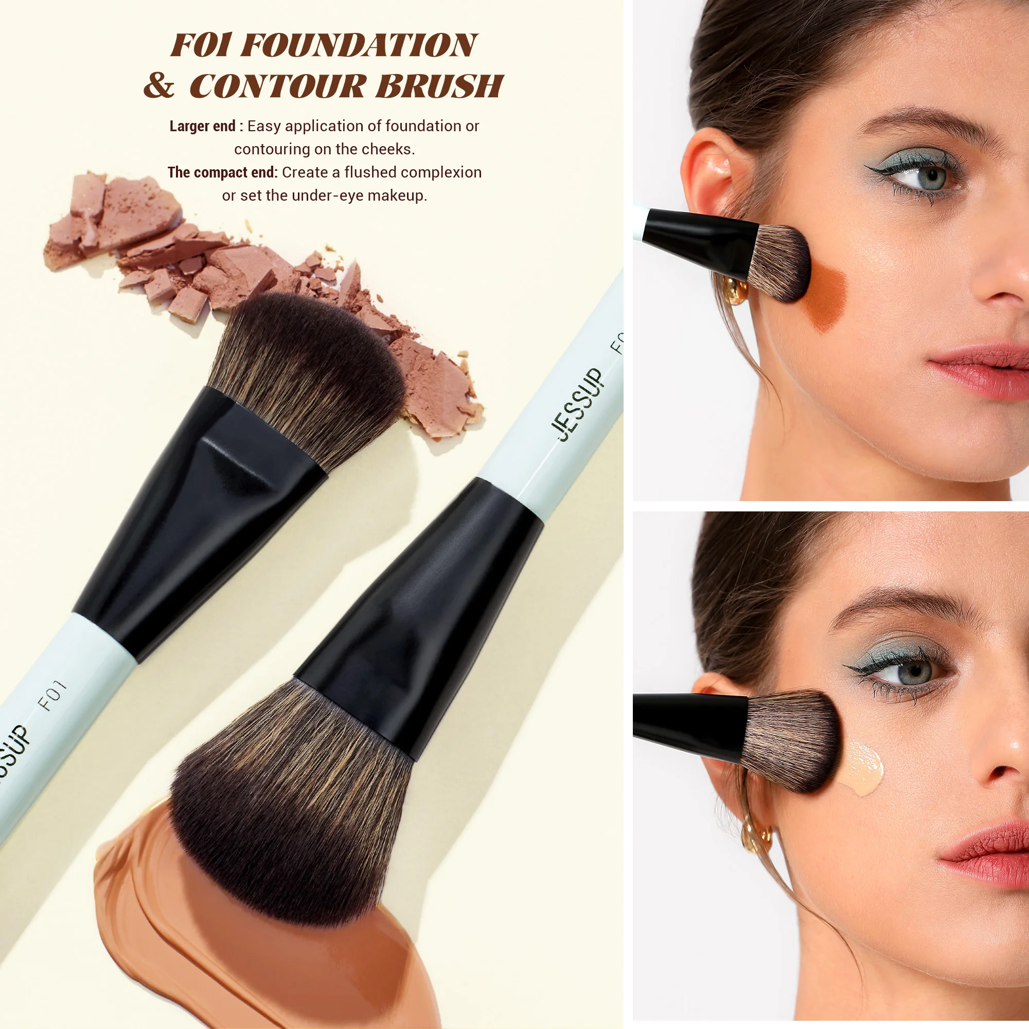 Jessup Double-Ended Makeup Brushes 6pcs, Vegan Fiber, Daily Use, Bright Cyan - Image 3