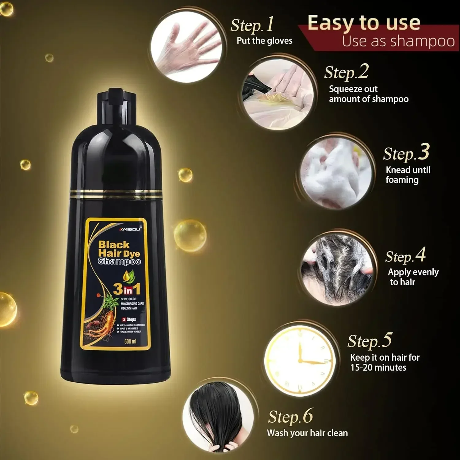 100ml/500ml Hair Dye Shampoo 3in1 Darkening Hairs Instant Gray To Black Polygonum Multiflorum Natural Coloing Cover Men Women - Image 5