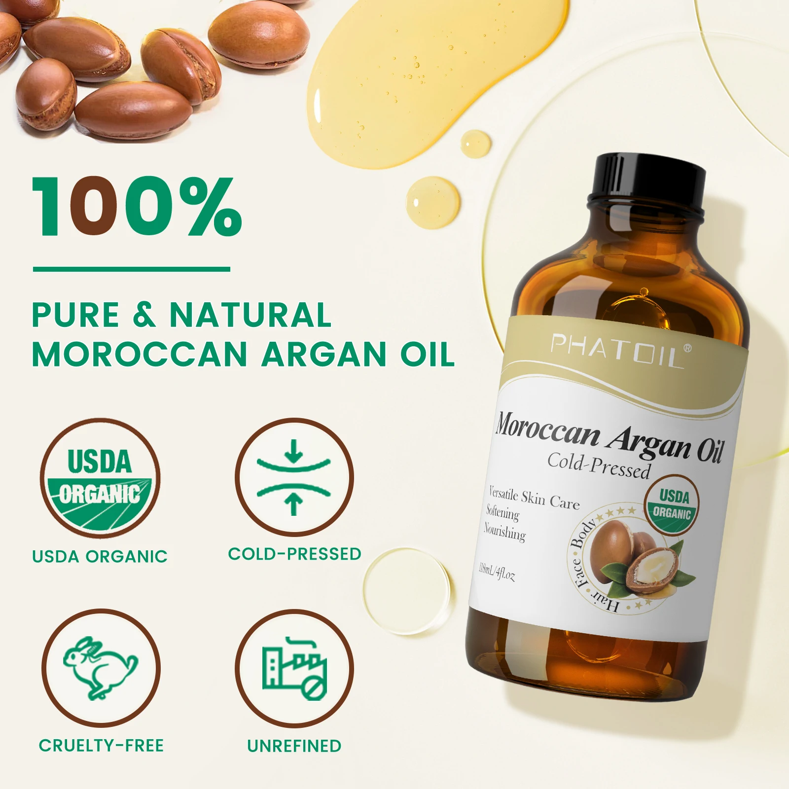 PHATOIL 118ml Organic Face Oil Natural Cold Pressed USDA Carrier Oils- Castor Oil,Jojoba,Moroccan Argan Oil,Rosehip Seed Oil - Image 4